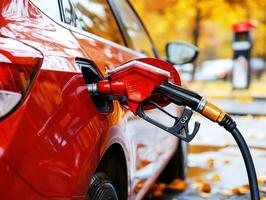 Car being refueled at a gas station during autumn photo