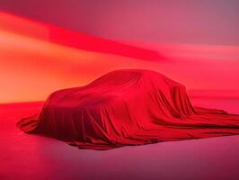 New car reveal covered with a red cloth in dramatic lighting photo
