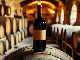 Wine bottle on barrel in historic winery cellar with oak barrels photo