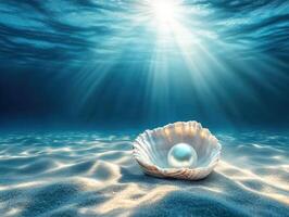 Underwater pearl resting in an open shell on sandy ocean floor photo
