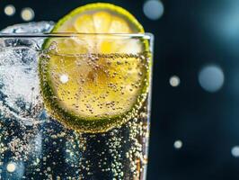 Refreshing sparkling drink with lime slice and ice cubes photo