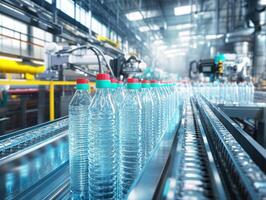 Bottles move along conveyor belt in a modern manufacturing facility photo