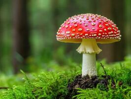 Bright red mushroom stands proudly in a lush green forest photo
