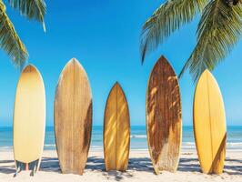 Surfers prepare for a day at the beach with vintage surfboards photo