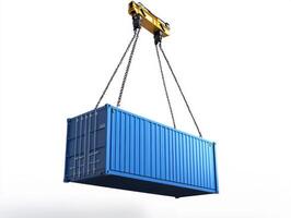 Crane lifts blue shipping container in industrial setting photo