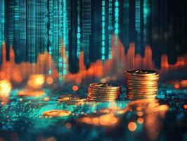 Financial growth with coins and digital data visualization photo