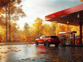 Autumn fueling at a gas station surrounded by colorful foliage photo