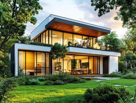 Modern house with large windows in a serene garden setting photo