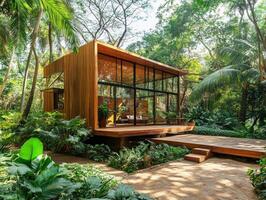 Modern wooden house nestled in lush tropical forest setting photo
