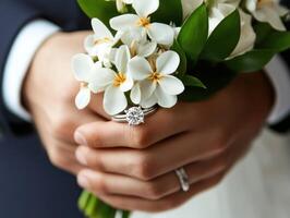 Wedding rings held with bouquet of white flowers during ceremony photo