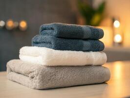 Soft and cozy towels stacked on a wooden surface in a modern setting photo