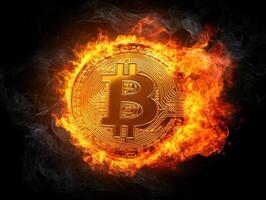 Bitcoin symbol engulfed in flames representing volatility closeup photo