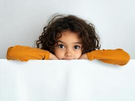 Curly-haired child resting on a white surface in a calm setting photo