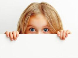 Curious child peeking over a white surface indoors photo