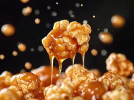 Delicious caramel popcorn dripping with rich syrup photo