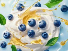 Fresh blueberries and honey drizzled over creamy yogurt photo
