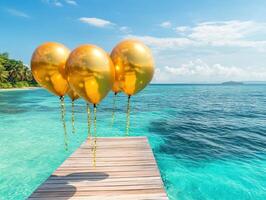 Golden balloons floating above serene turquoise waters photo