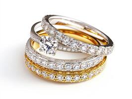 Diamond engagement rings stacked in elegant display photo