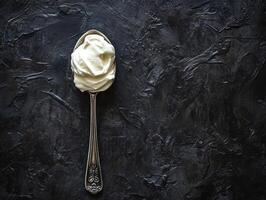 Creamy whipped topping on vintage spoon against dark background photo