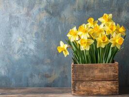 Bright yellow daffodils in wooden box against textured backdrop photo