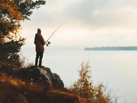 Fisherman casting line into calm waters at dawn in nature photo