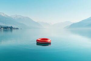 Calm lake waters with a red flotation ring surrounded by mountains photo