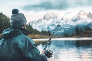 Fisherman by serene lake with mountains in the background photo