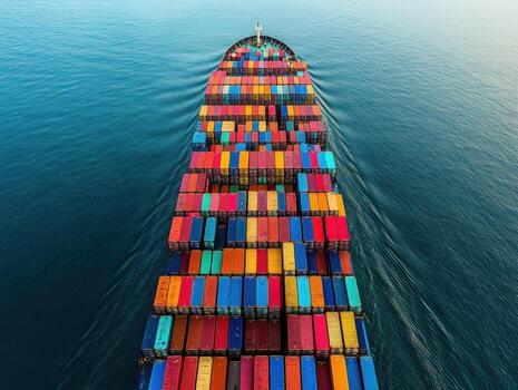Cargo ship navigating calm waters with colorful containers photo