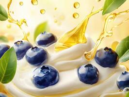 Delicious blueberries with creamy yogurt and honey drizzles photo