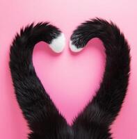 Two cat tails form a heart shape against a pink background photo