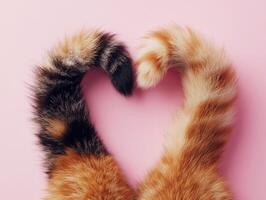 Cat tails form a heart shape on a pink background photo