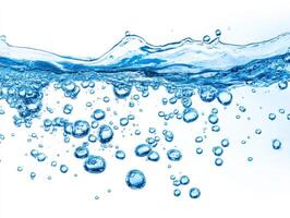 Water bubbles rising in clear blue liquid under bright light photo