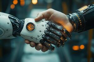 Human and robot shake hands in an innovative space photo