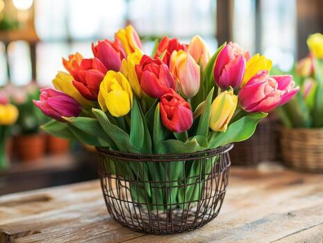vistoso tulipán ramo de flores desplegado en un rústico cesta en un flor tienda foto