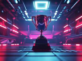 Futuristic trophy stands in illuminated arena with vibrant lights photo