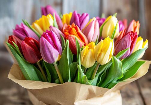 Colorful bouquet of tulips in a rustic setting on a sunny day photo