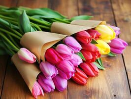Colorful tulip bouquet wrapped in brown paper on wooden table photo