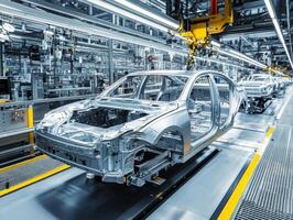 Modern vehicle assembly line showcasing car chassis creation photo