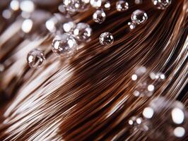 Bubbles floating above silky brown hair in close-up detail photo