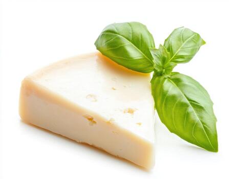 Fresh cheese slice with basil leaves on white background photo