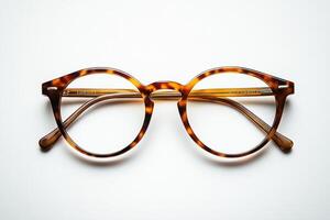 Stylish tortoise shell glasses on plain backdrop for eye fashion photo