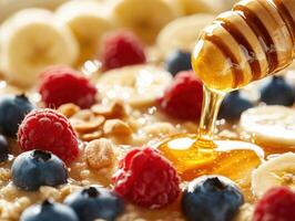 Delicious breakfast bowl with honey, fruits, and granola mix photo