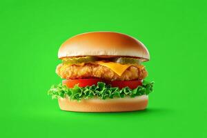 Delicious chicken burger with fresh vegetables on green background photo