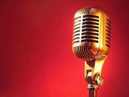 Vintage microphone stands against a vibrant red background photo