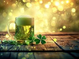 Refreshing green beer with clovers on rustic wood surface photo
