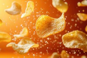 Potato chips on an orange background with salt sprinkled photo