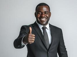 Businessman smiling and giving thumbs up in formal attire photo
