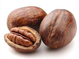 Large nuts with shells and one cracked open on white background photo