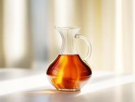 Elegant glass pitcher filled with rich amber liquid on table photo