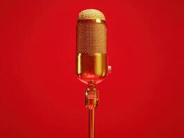 Vintage microphone on a red background for music recordings photo